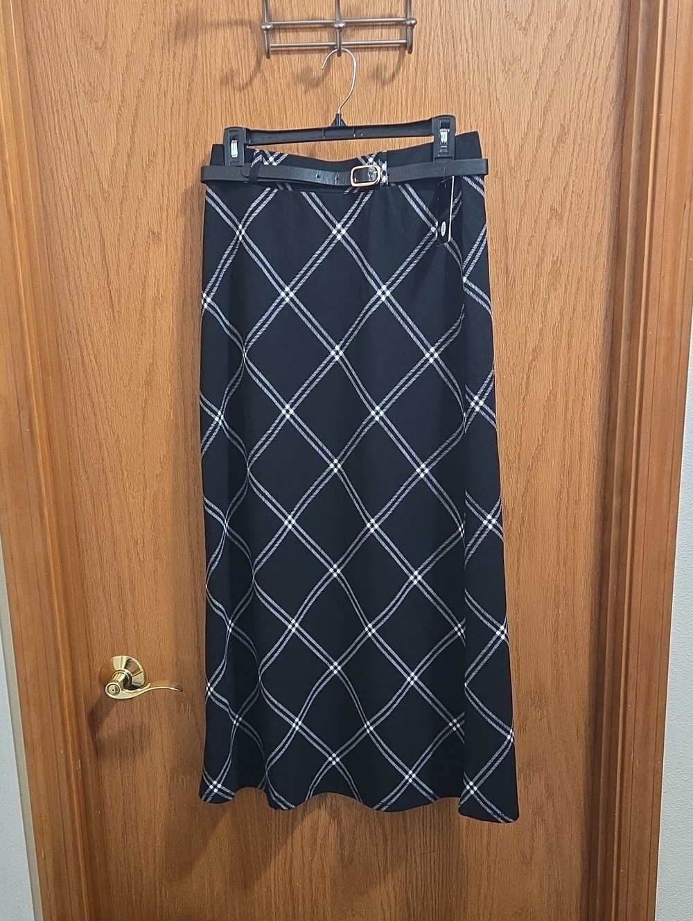 Black Plaid Maxi Skirt with Belted Waist